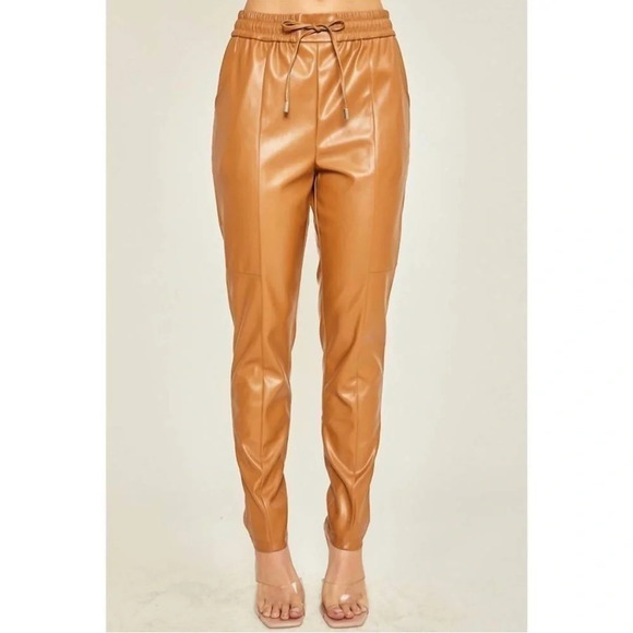 Love Tree Vegan Leather Brown Pants Elastic Wasitband - Picture 1 of 4